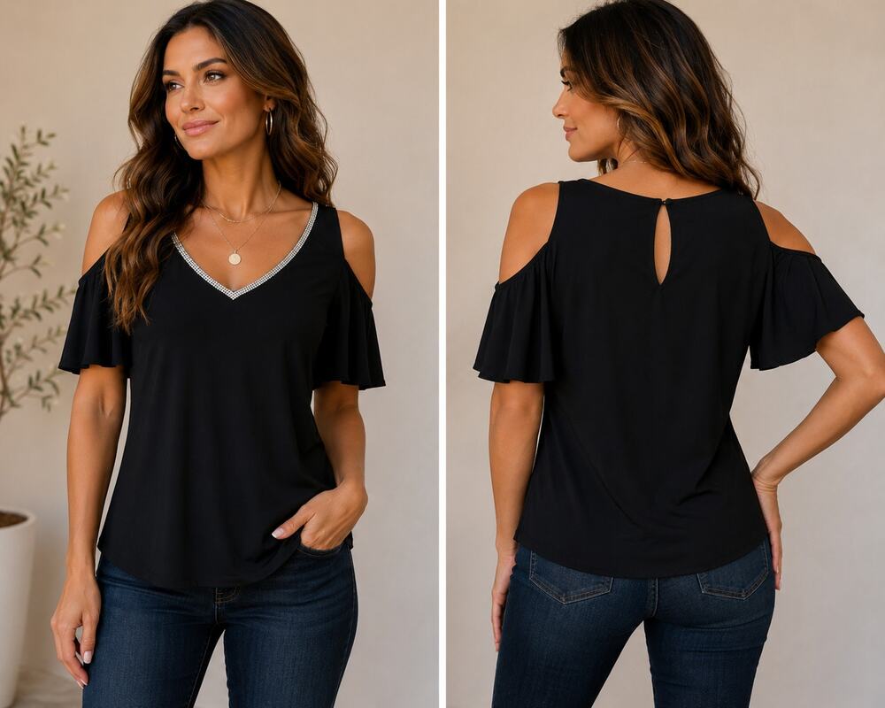 Women's Black Cold-Shoulder V-Neck Top with Silver Trim